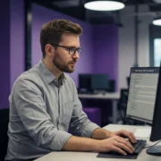 Man applying IT support specialist skills while solving a technical issue on his computer at work.