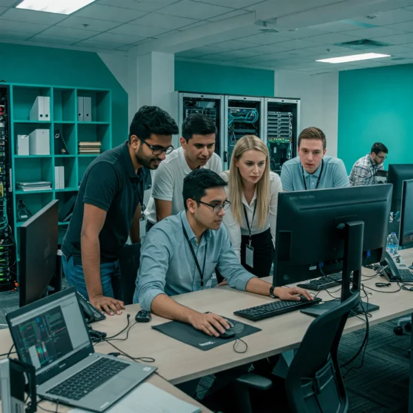 In-house team collaborating effortlessly with a nearshore IT specialist team to ensure smooth tech operations.