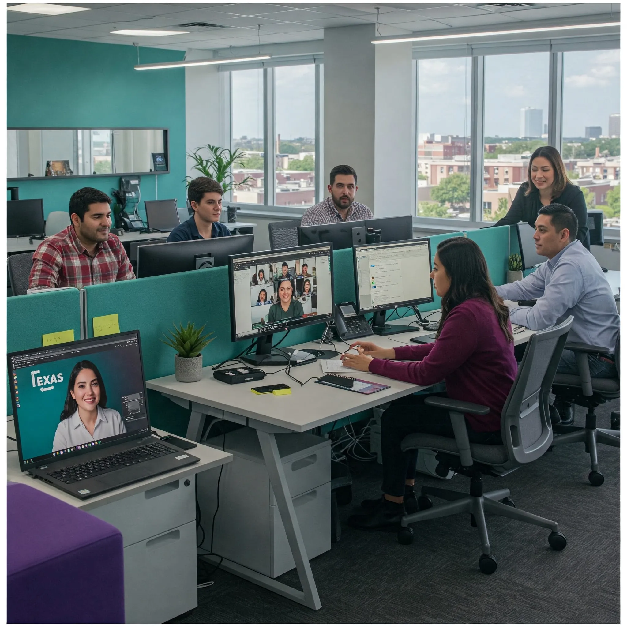 A team in the office video chatting with an IT specialist nearshored from Mexico, collaborating on a project.